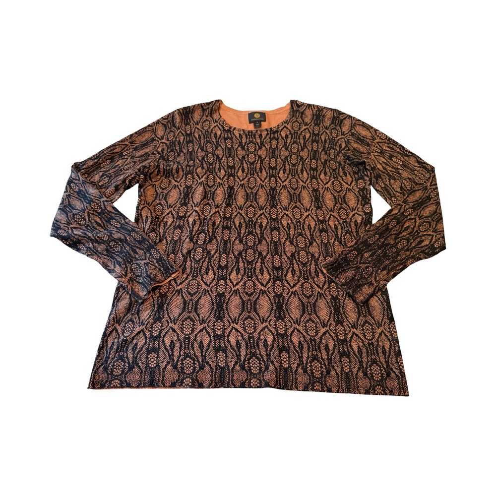 JM Collection Womens Copper Black Geometric Damask Knit Sweater Button Cuff‎ M